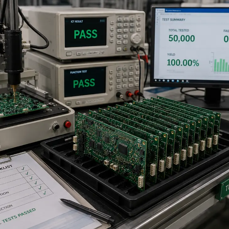 Zero field failures across 50,000 medical PCB assemblies through multi-stage integrated testing.